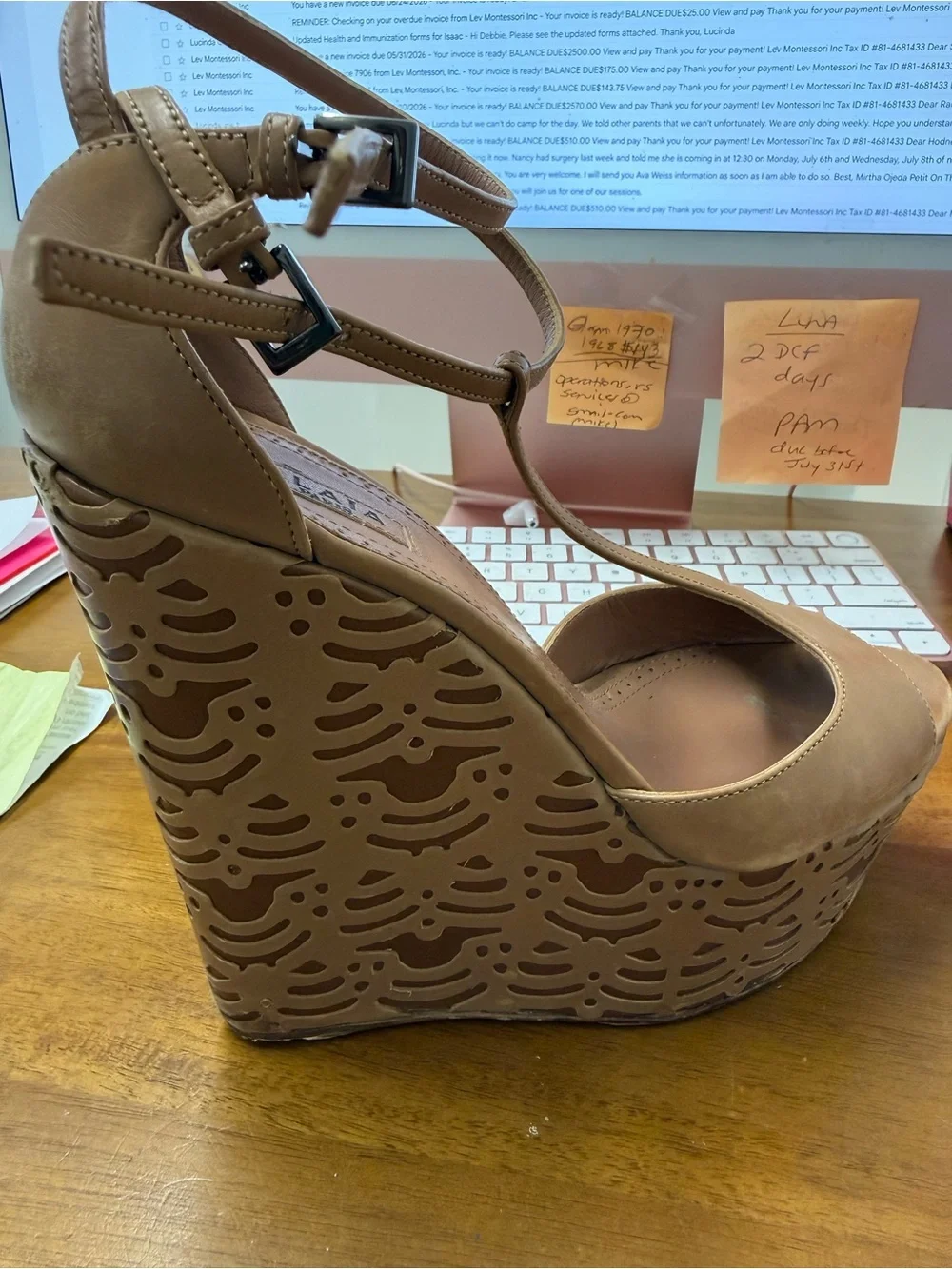 Women's Tan T-Strap Platform Wedge with Ankle Tie